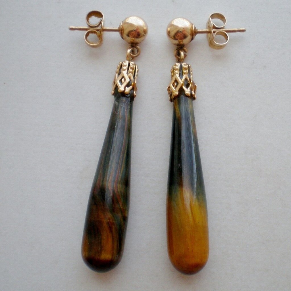 Vintage Solid 14k Yellow Gold Genuine Tiger's Eye Pierced Post Dangle Earrings